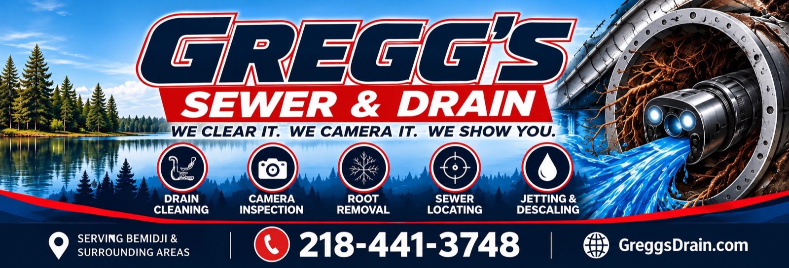 Gregg's Sewer & Drain: drain cleaning, camera inspection, root removal, sewer locating, jetting and descaling. Call 218-441-3748 or visit GreggsDrain.com